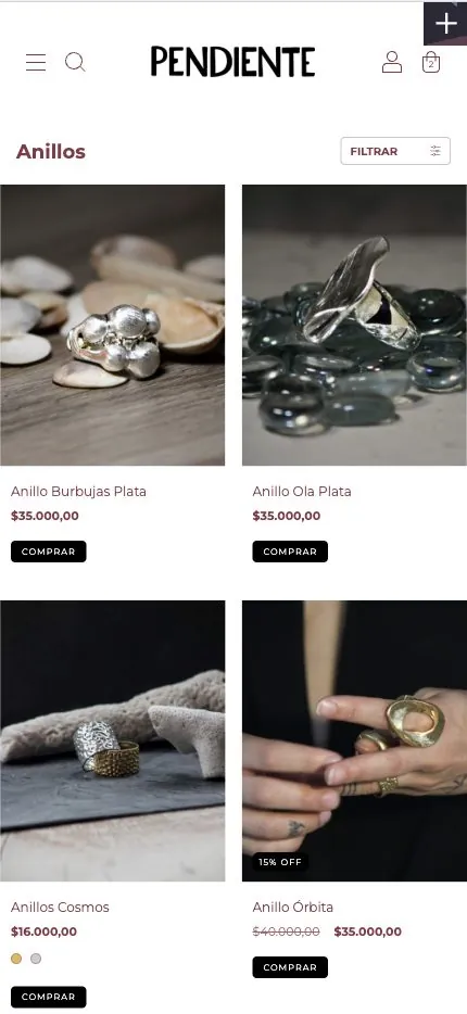 Catálogo de productos de la tienda online de Pendiente en mobile