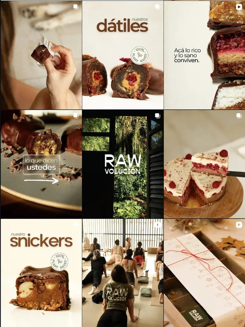 Feed de Instagram de RAWvolución con fotos de productos y snacks