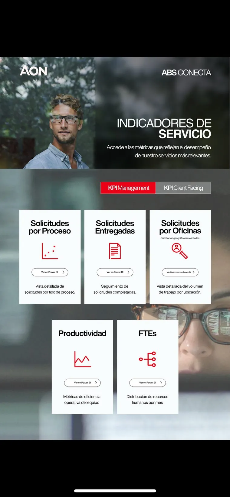 Portal de indicadores desarrollado para AON, vista mobile
