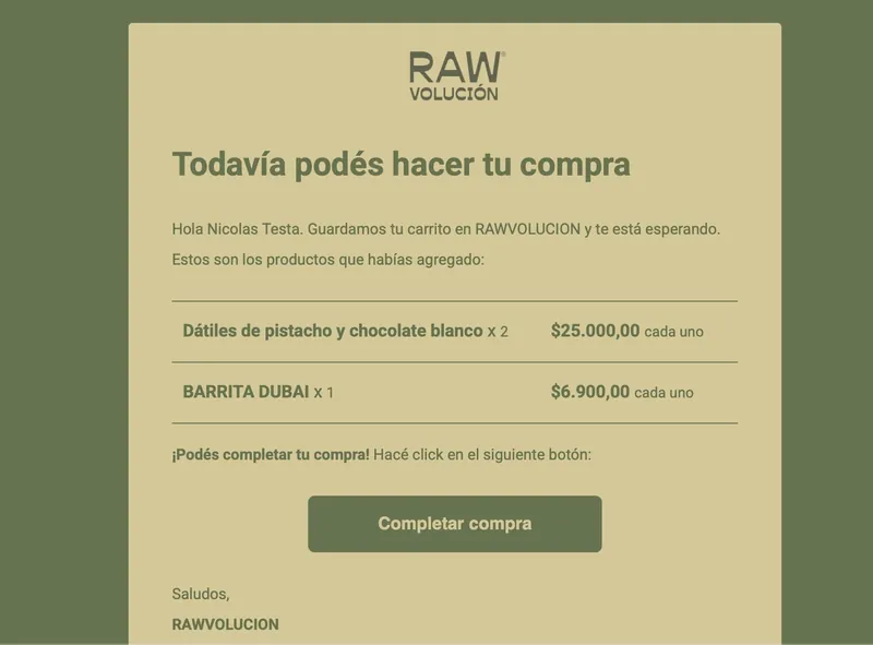 E-mail de recupero de carrito abandonado para RAWvolución