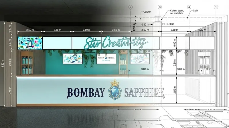 Render de marca para Bombay Sapphire con botella sobre plano de cocina