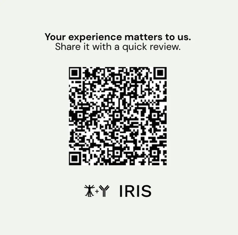 Tarjeta con código QR para pedir reseñas de pacientes, diseñada para IRIS Rheumatology en Plantation, Florida